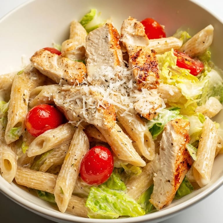 Steam rises from bowls of penne tossed with Caesar dressing, spicy chicken, and fresh parsley for a weeknight meal.