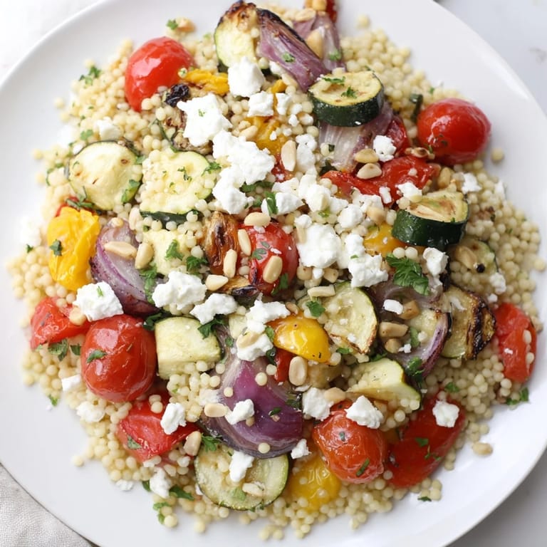 Colorful Roasted Veggie Couscous Salad alongside grilled chicken, featuring fluffy couscous and crunchy toasted pine nuts for a Mediterranean side.