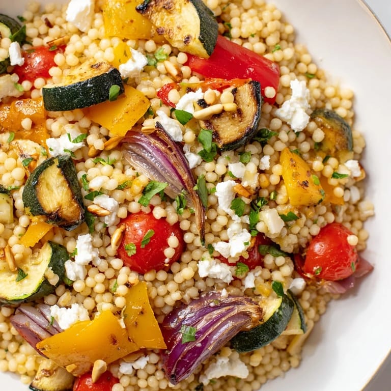 Roasted Veggie Couscous Salad served warm or room temperature, topped with crumbled feta and fresh parsley on a plate.