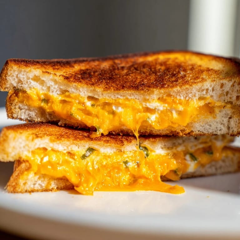 Sliced jalapeño popper grilled cheese sandwich revealing melted cream cheese and sharp cheddar inside.