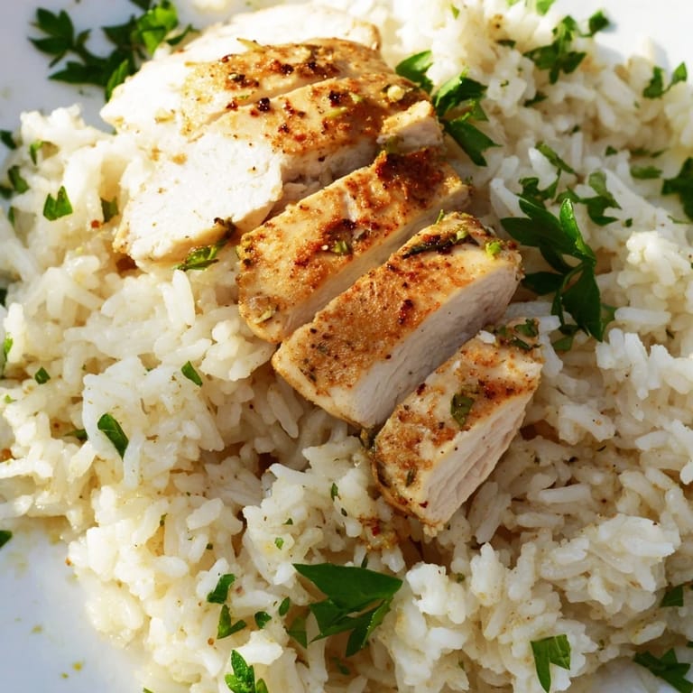 Garlic Butter Rice with Chicken steaming in a white bowl, the rice glistening with butter and flecked with minced garlic.