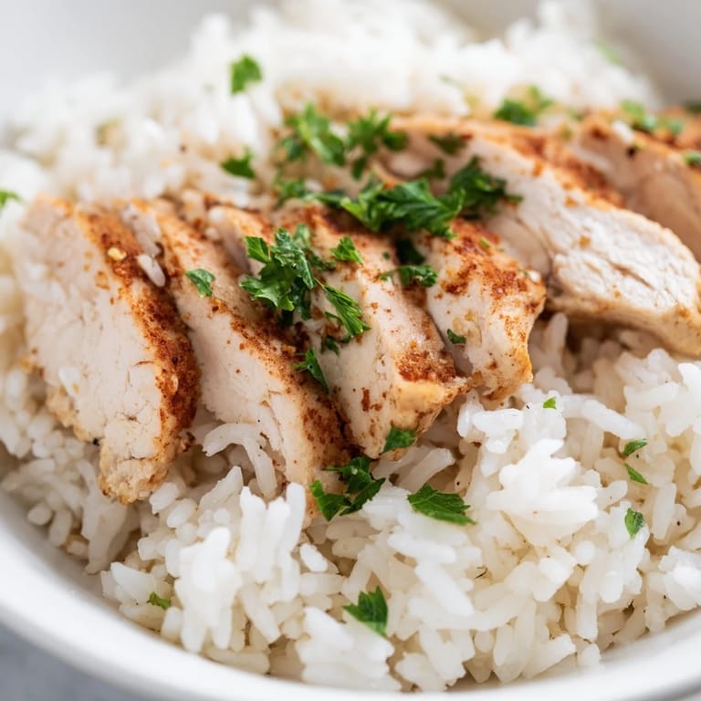 Family-style platter of golden Garlic Butter Rice topped with tender grilled chicken, served with lemon wedges for squeezing.