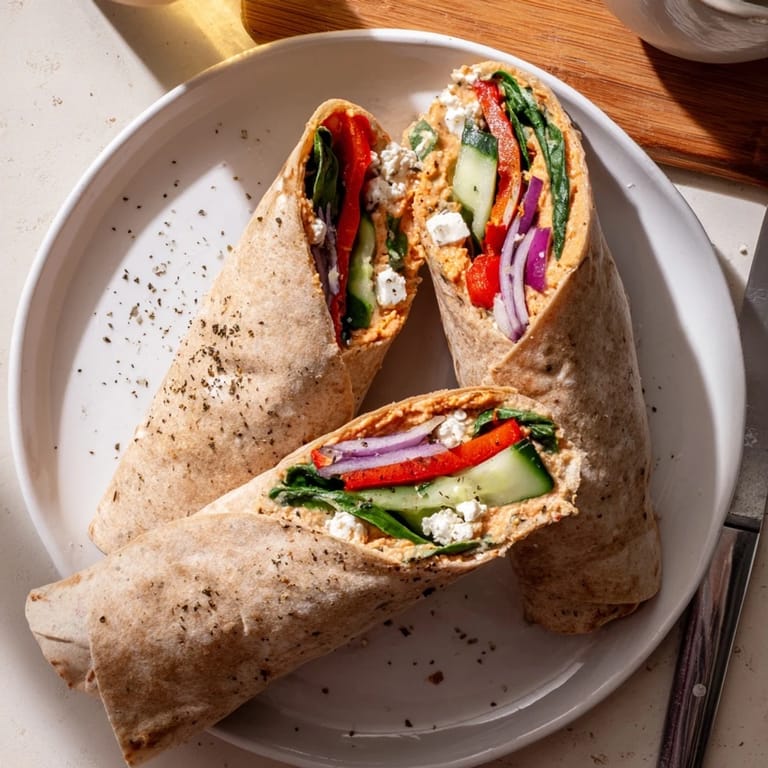 This diagonal-cut Mediterranean Veggie Wrap reveals layers of crisp spinach, smoky peppers, and tangy feta inside a soft tortilla.  