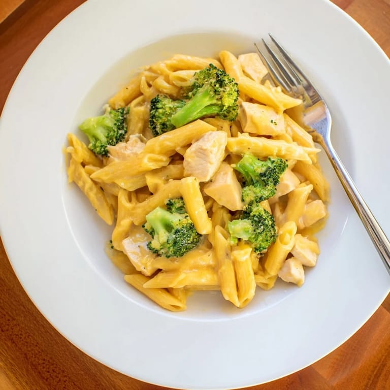 A comforting bowl of Chicken Broccoli Cheddar Pasta, steam rising from the rich, cheesy sauce coating every noodle.