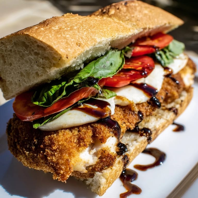 Crispy chicken caprese sandwich layered with creamy mozzarella, basil, and tomato, drizzled with balsamic glaze.