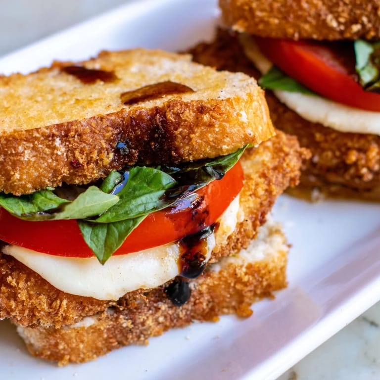 Toasted ciabatta holds a crispy chicken caprese sandwich, stacked with fresh mozzarella, tomato, and basil.