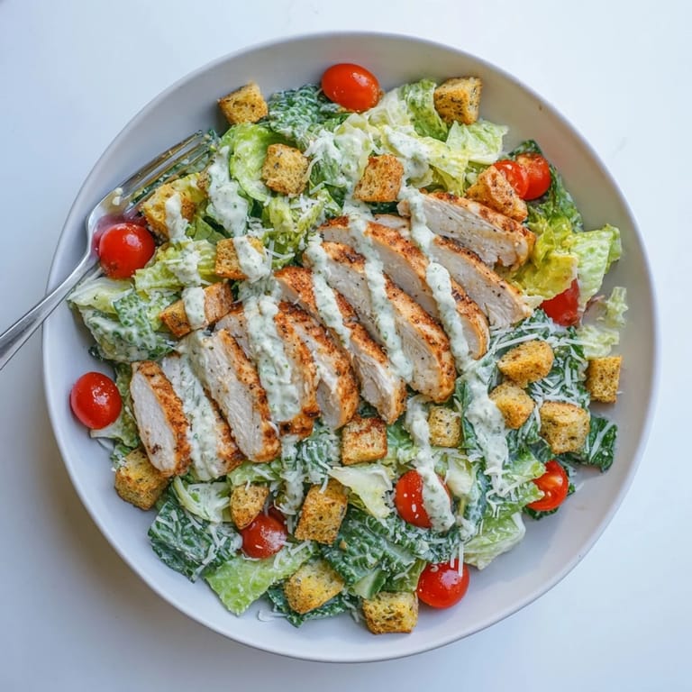 Golden grilled chicken strips and shaved Parmesan garnish this Yogurt Caesar Grilled Chicken Salad served with cherry tomatoes and crunchy croutons.