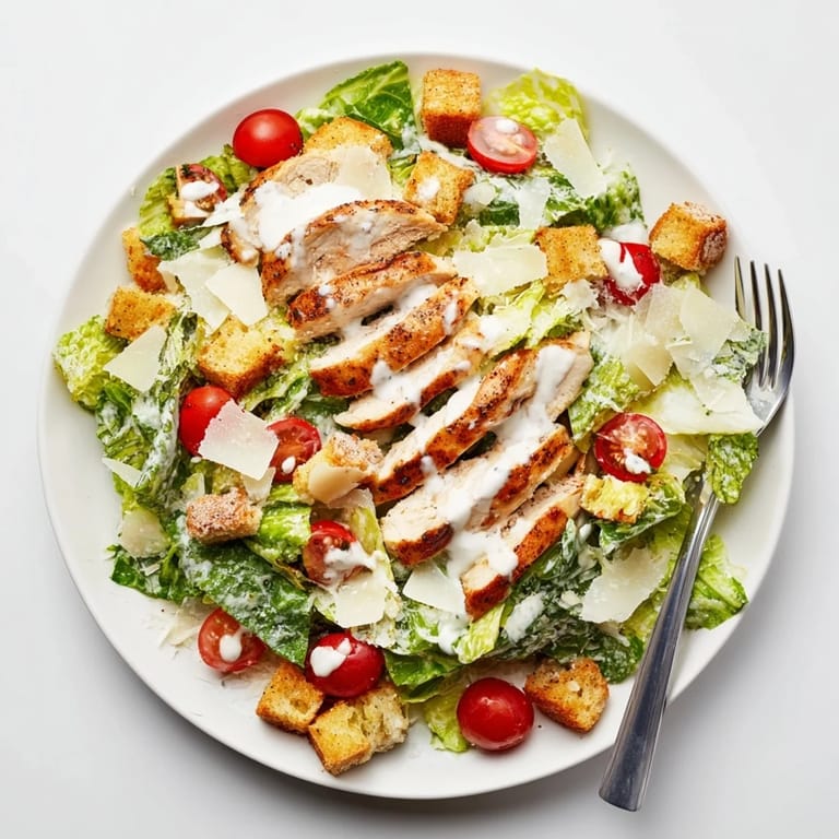 Sliced grilled chicken rests on a bed of chopped romaine in the Yogurt Caesar Grilled Chicken Salad, drizzled with creamy yogurt dressing.