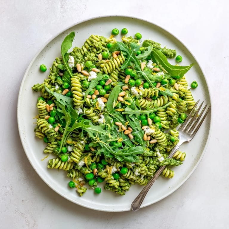 Fresh Spring Green Pesto Pasta Salad tossed with basil pesto, bright peas, and lemon zest, ready for a spring lunch.  
