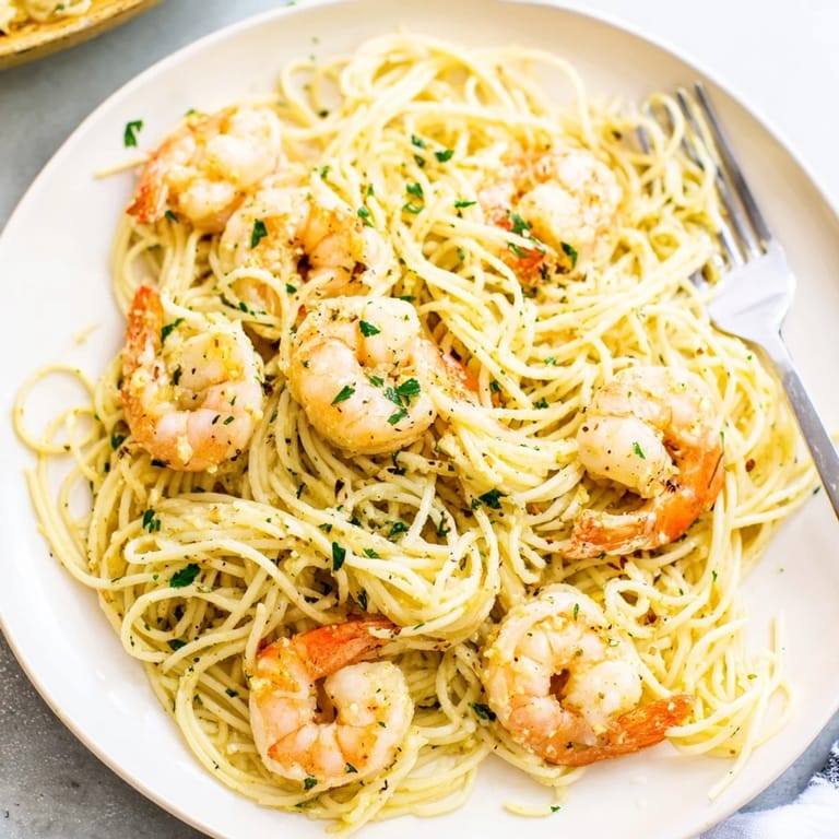 A light, satisfying plate of Lemon Butter Shrimp Pasta features juicy shrimp over angel hair, drenched in a silky lemon-garlic butter sauce and served with lemon wedges.