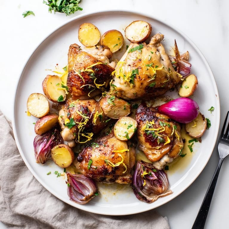 A close-up of roasted radishes and potatoes beside golden chicken thighs, served hot from the oven.
