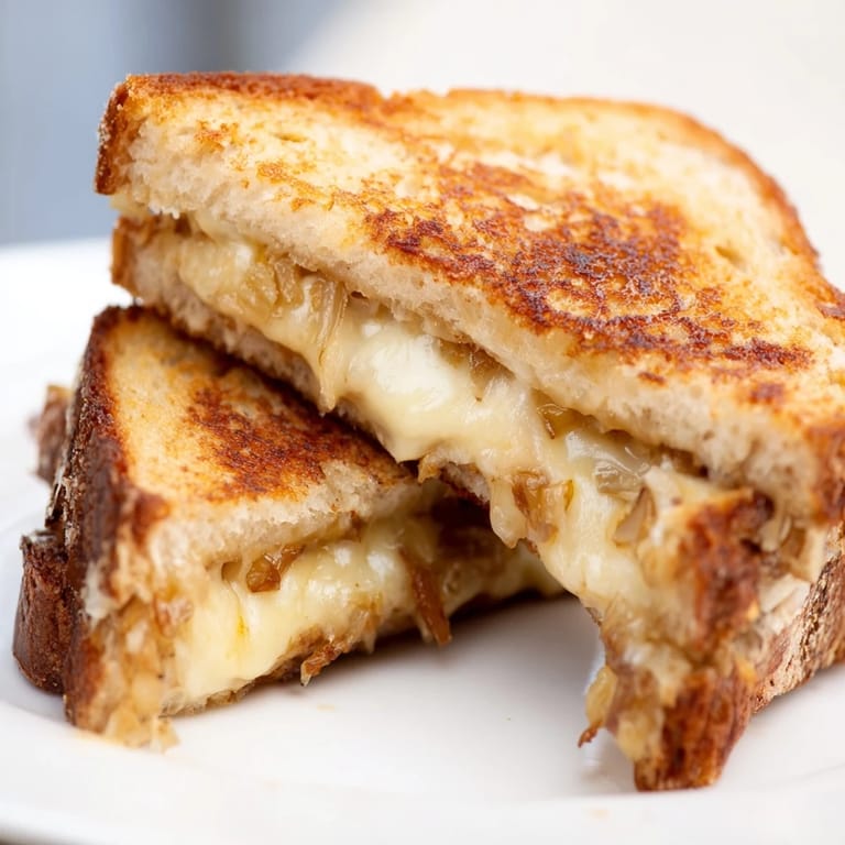 Two halves of a gourmet Caramelized Onion & Gruyère Grilled Cheese sandwich rest on a white plate, oozing with melted cheese and caramelized onions next to a fresh green salad.