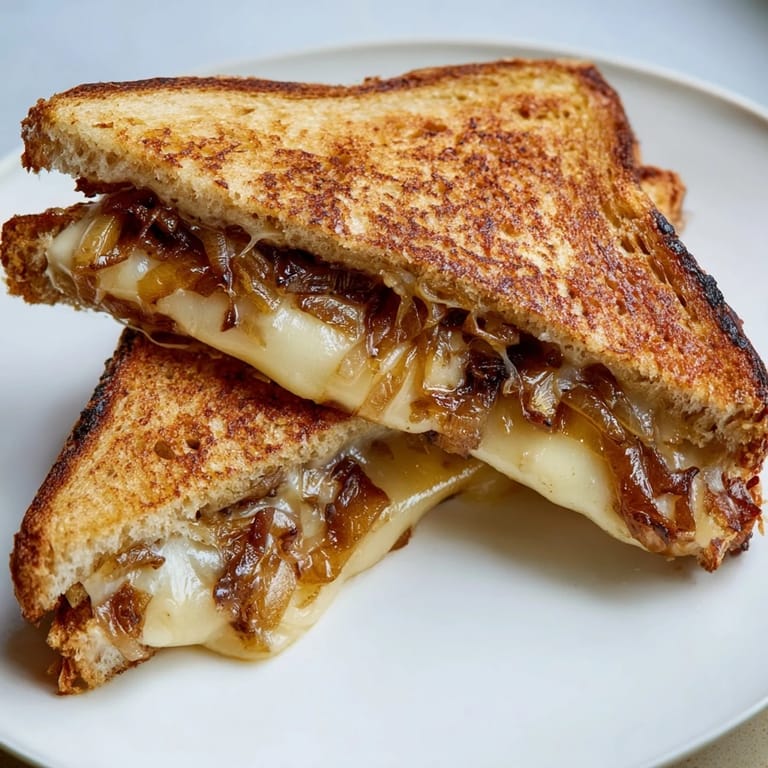 A visually impaired person's view of a hearty Caramelized Onion & Gruyère Grilled Cheese, featuring golden, crispy bread edges and generous layers of savory fillings on a rustic kitchen counter.