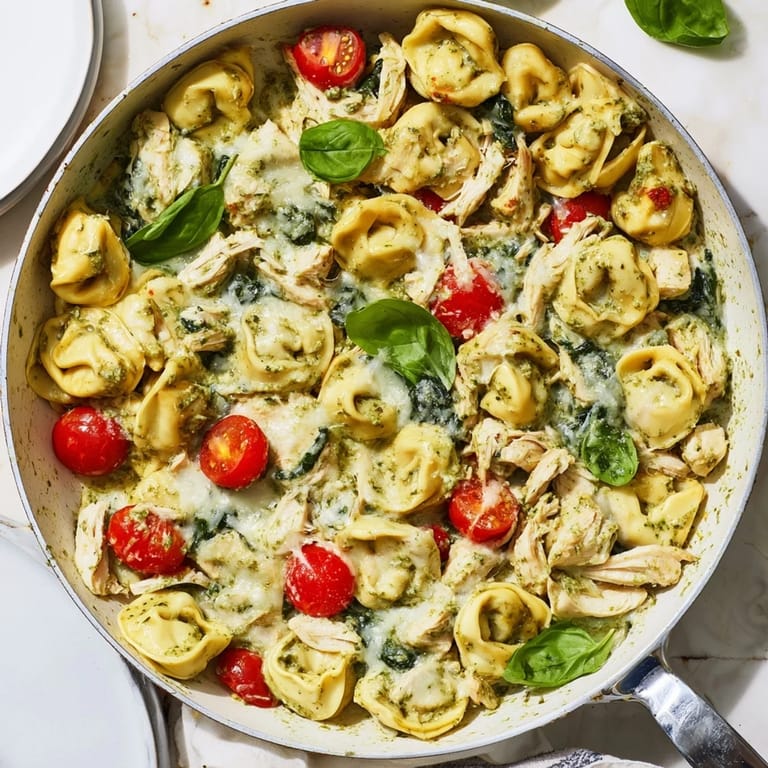 Quick weeknight creamy pesto tortellini skillet meal with rotisserie chicken, spinach, and Parmesan on a rustic table.