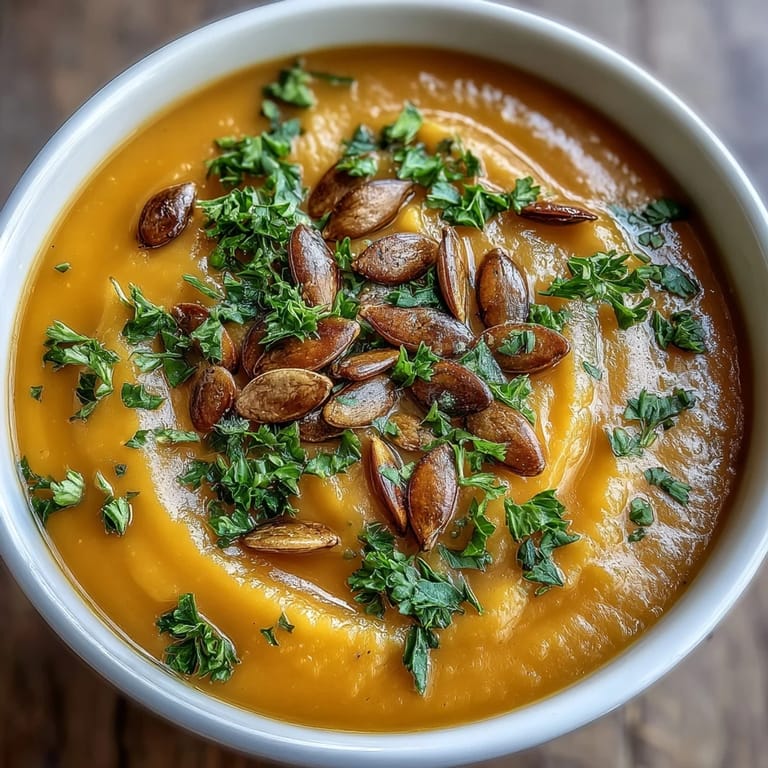 Delicious butternut squash and apple soup drizzled with cream, ready to serve.