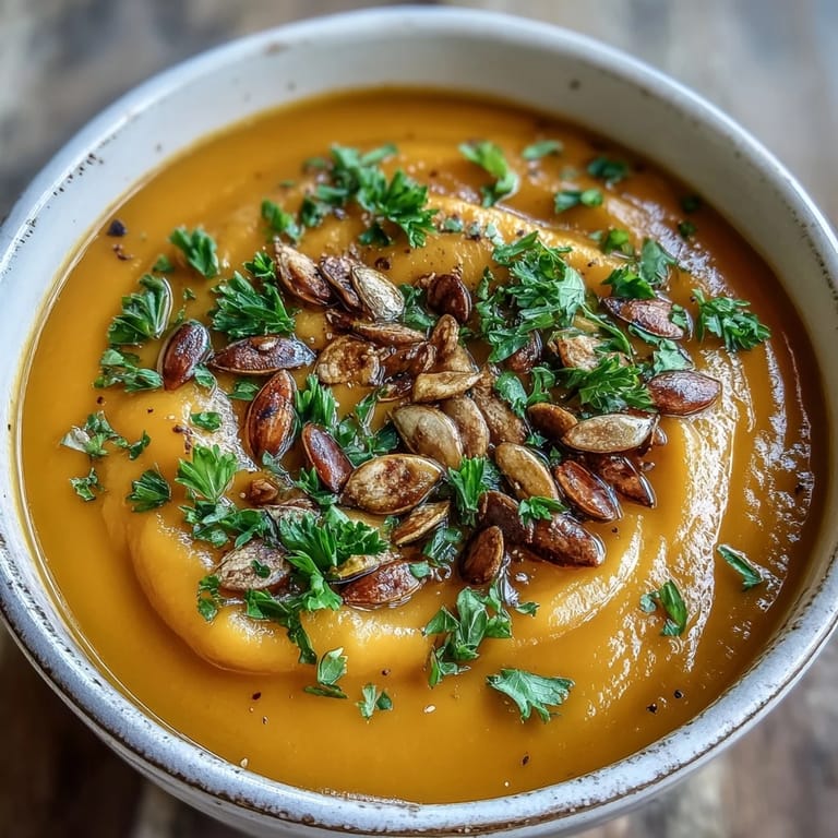 Velvety butternut squash and apple soup garnished with toasted pumpkin seeds.