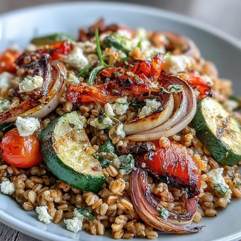 Golden roasted vegetables and chewy farro, a healthy, satisfying Mediterranean meal.
