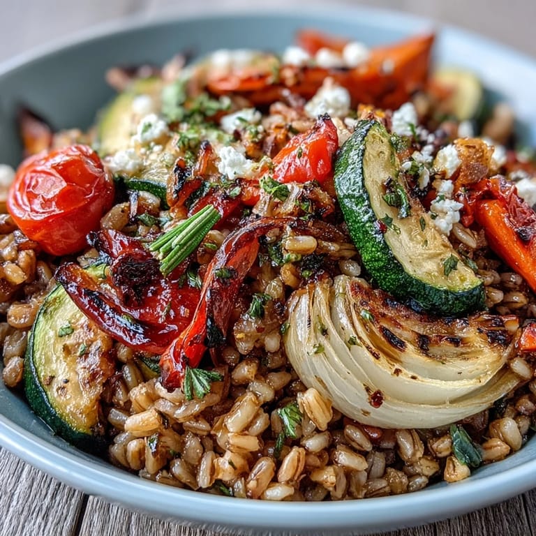 Savory farro with tender, caramelized vegetables and fresh parsley topping.