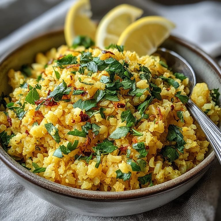 Sauteed turmeric cauliflower rice with fresh cilantro, a quick and flavorful vegan option.