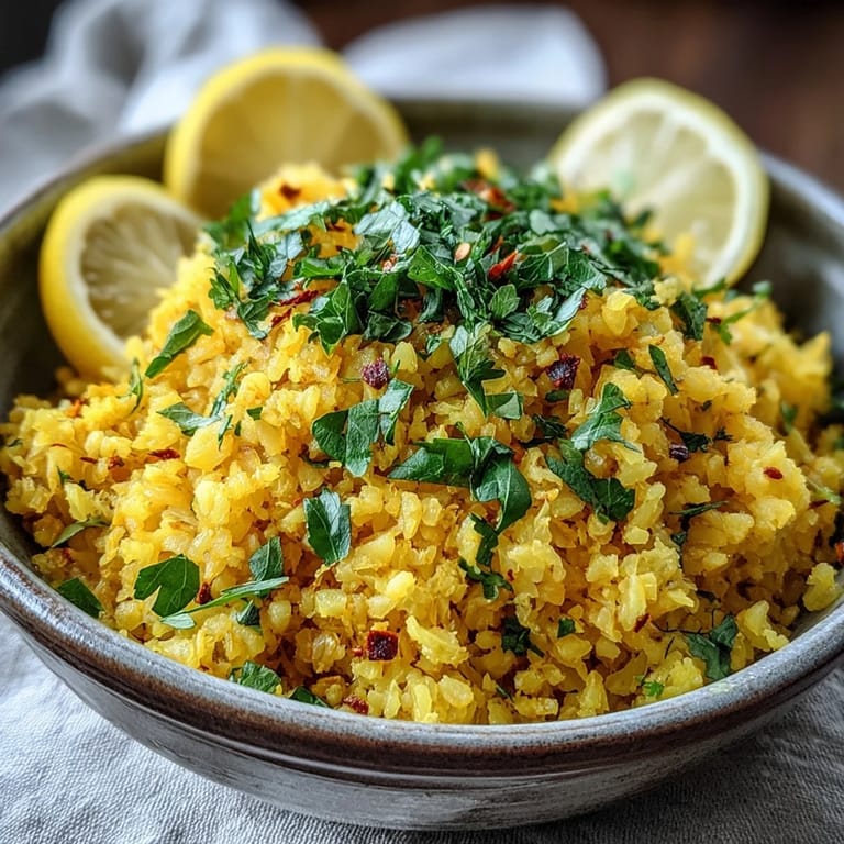 Fluffy, savory turmeric cauliflower rice, perfect for serving alongside any delicious entree.