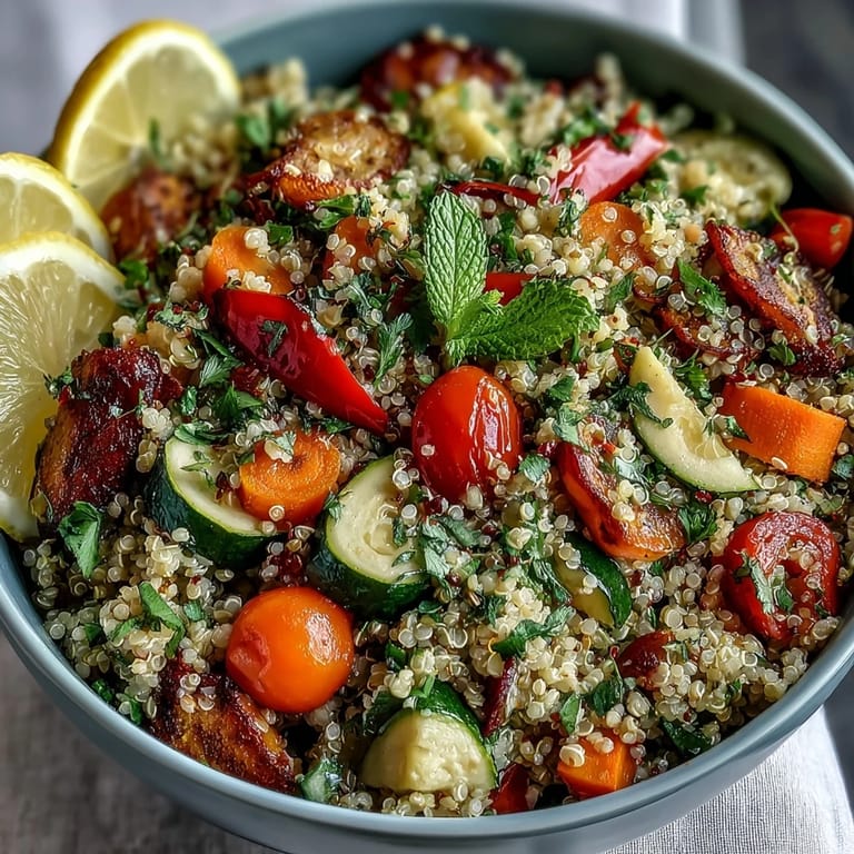 Fluffy Quinoa Vegetable Pilaf, a hearty dish with tender roasted peppers and zucchini.
