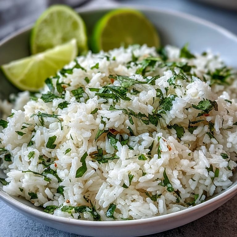 Golden cilantro lime rice, steamed perfectly for a zesty, aromatic side dish.