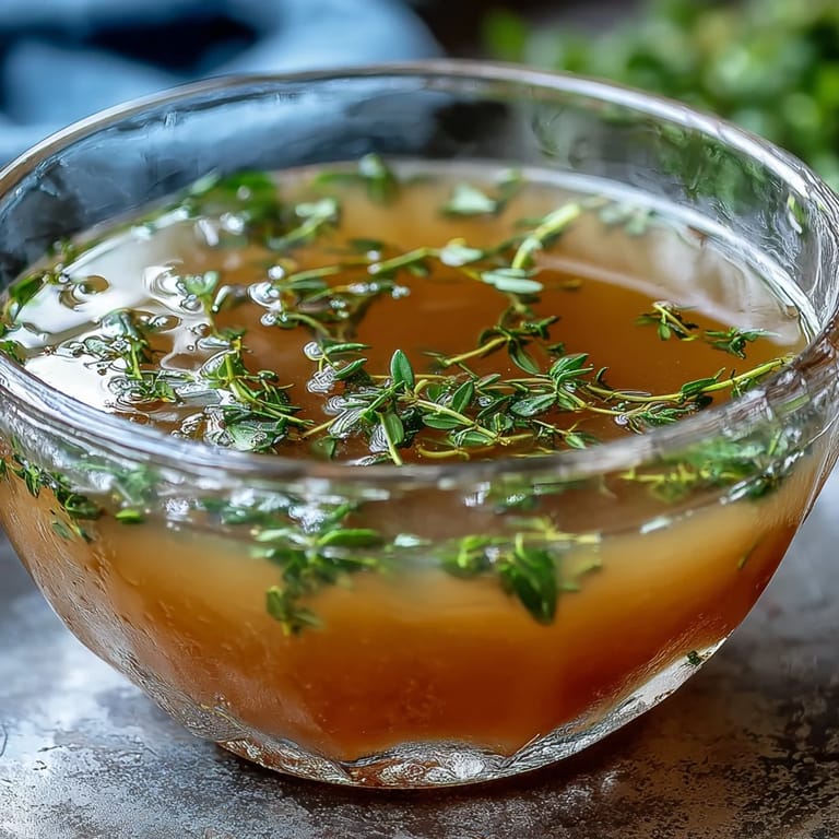 Rich, savory clear vegetable broth from scraps, ready for soup.