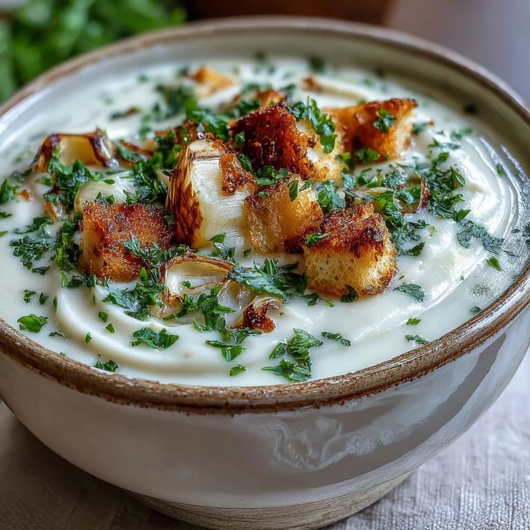Velvety smooth roasted garlic soup, garnished with herbs, ready to serve.