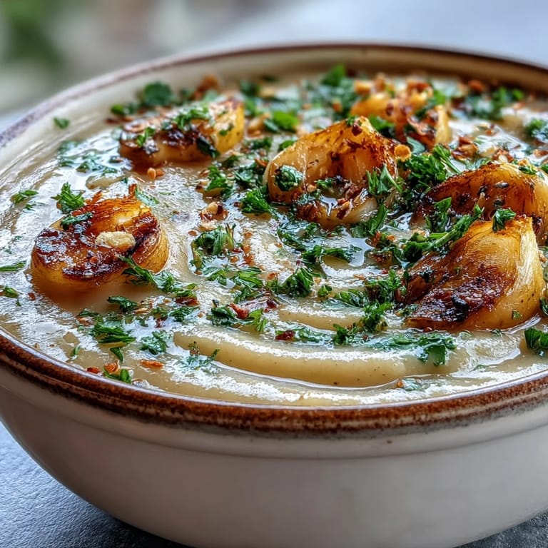 Warm up with rustic roasted garlic soup, perfect for a cozy meal.