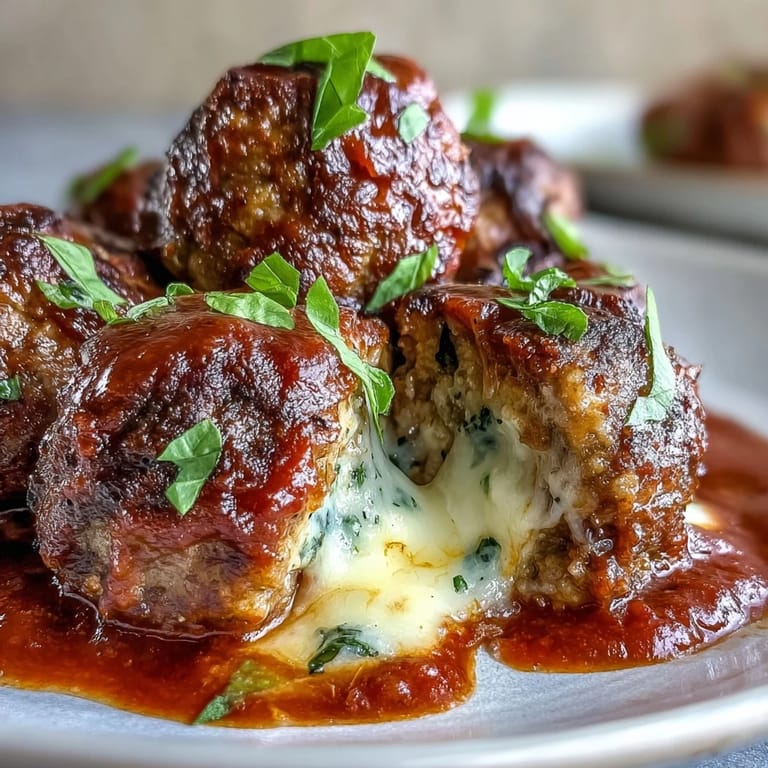 Plated Cheesy, Garlicky Meatballs With Marinara garnished with fresh parsley, showing juicy interiors and a vibrant tomato sauce.