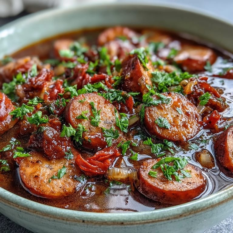 Hearty Crock Pot BBQ Cocktail Sausage Soup bubbling in a slow cooker, mingling tomatoes, apricot jam, and BBQ sauce.