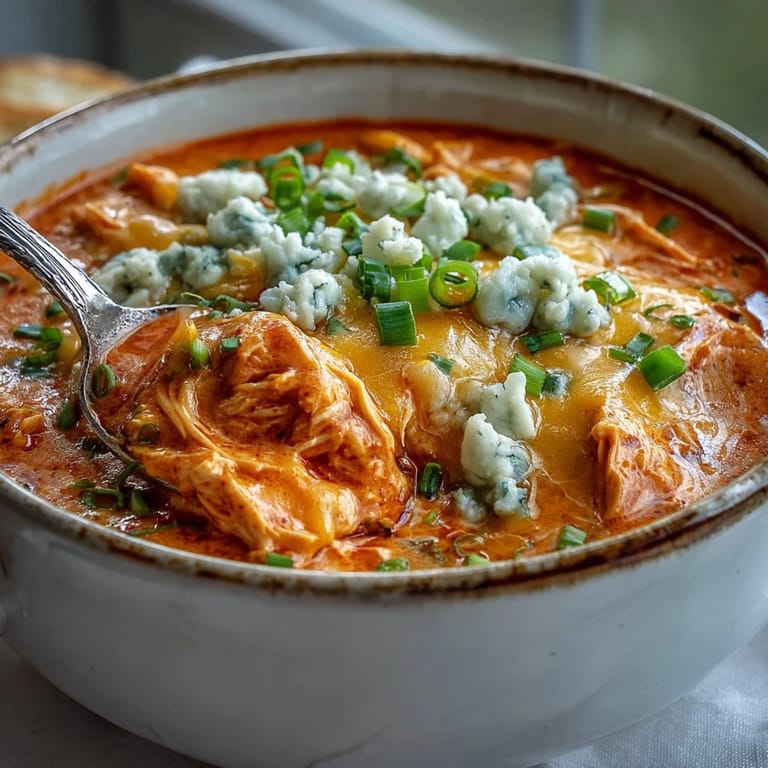 Spicy Crock Pot Buffalo Chicken Dip Soup served hot in a rustic bowl, with celery sticks and tortilla chips for dipping.