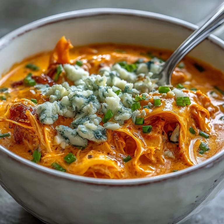 Gooey cream cheese melting into a rich Crock Pot Buffalo Chicken Dip Soup in a slow cooker, ready to serve.