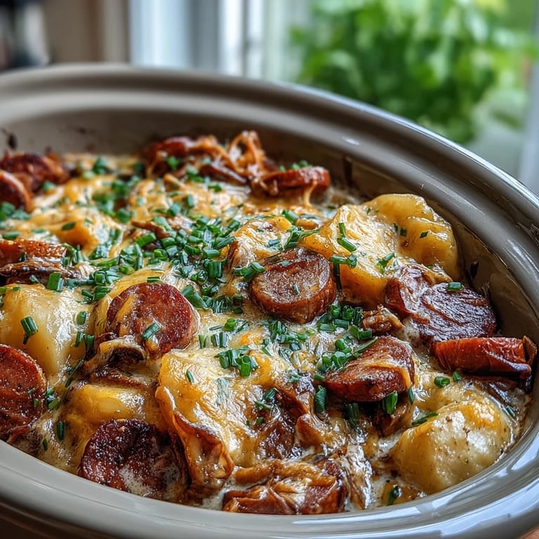 Golden Crockpot Pierogi Casserole With Kielbasa served on plates alongside a crisp garden salad for a balanced meal.