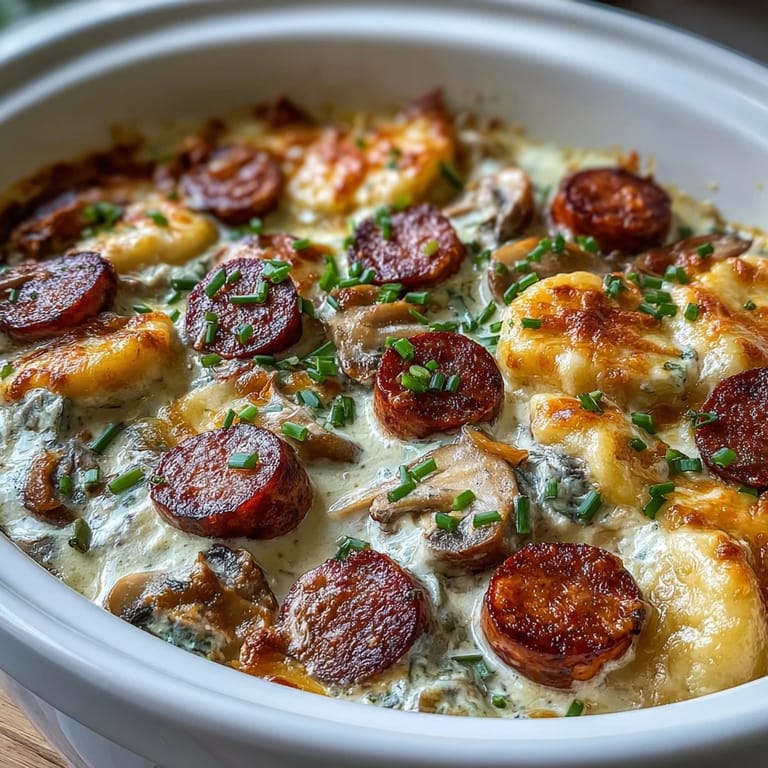 Layers of Crockpot Pierogi Casserole With Kielbasa showing creamy sauce, onions, and kielbasa in a rustic kitchen setting.