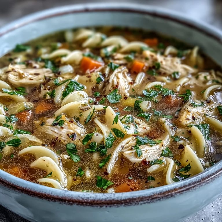 Fresh parsley garnishes a steaming bowl of Instant Pot Chicken Noodle Soup, perfect for a comforting family dinner.