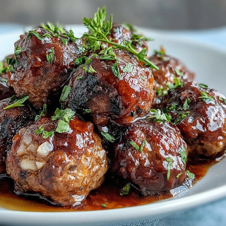 Appetizer-style Slow Cooker Peach Glazed Meatballs glistening with glaze, arranged on a serving tray with toothpicks and fresh parsley.