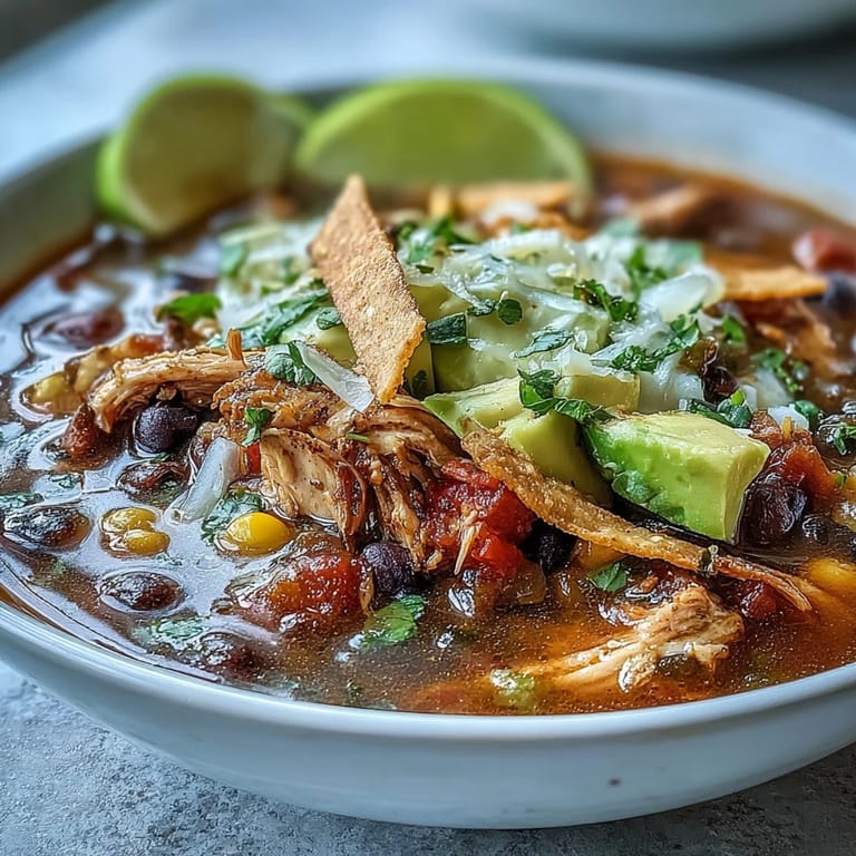 A ladle scoops steaming Instant Pot Chicken Tortilla Soup topped with melted cheese and lime. 