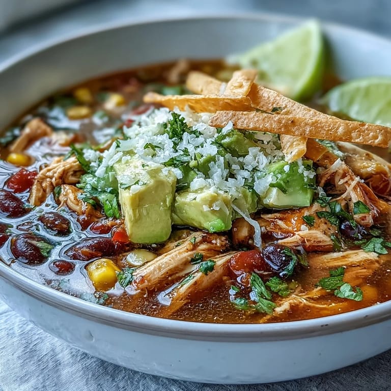 Colorful Instant Pot Chicken Tortilla Soup with black beans, corn, and diced tomatoes in a rustic pot.