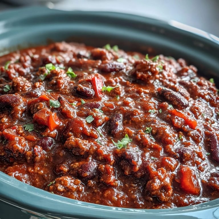 A ladle serving hearty Slow Cooker Chili, garnished with sour cream and green onions for a comforting dinner.