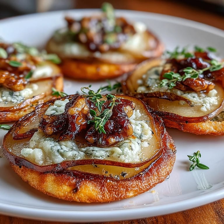 Warm Pear, Gorgonzola, and Pickled Walnut Pizzettes bubbling with melted cheese, fresh thyme, and golden crisp edges on a tray.