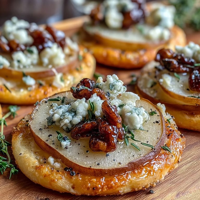 Pear, Gorgonzola, and Pickled Walnut Pizzettes on a white plate with a glass of white wine and a small honey drizzle.