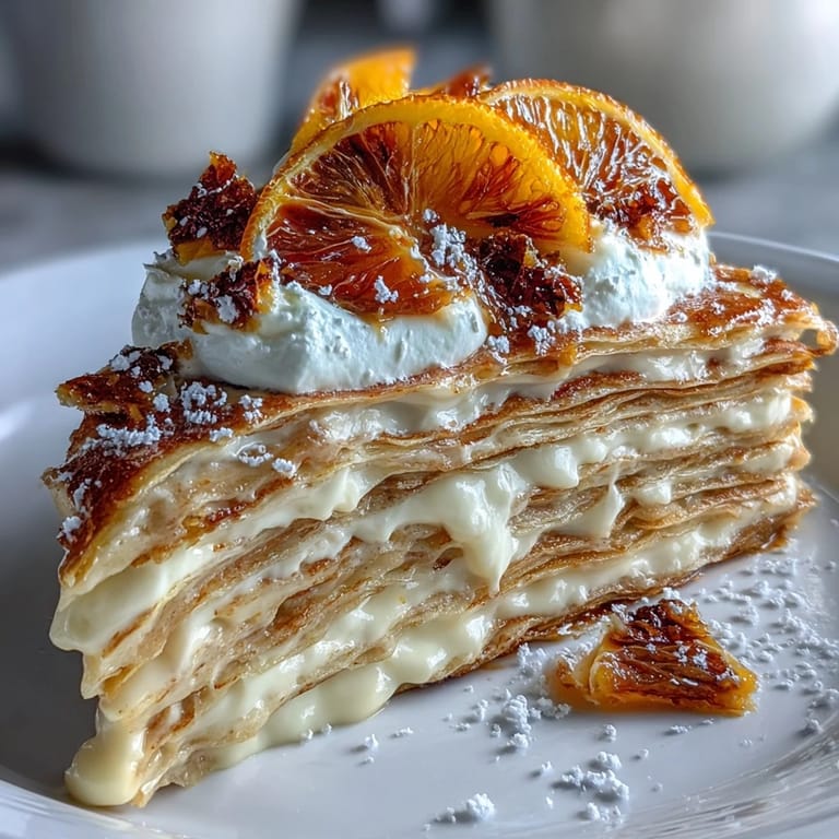 Smooth, tangy blood orange curd and fluffy whipped cream are layered between delicate crêpes in this stunning vertical slice.
