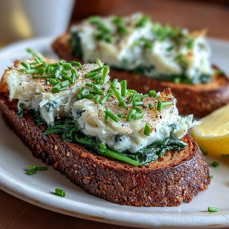 Flaky smoked haddock and spinach rye toasts, served hot with lemon wedges on a rustic kitchen table.