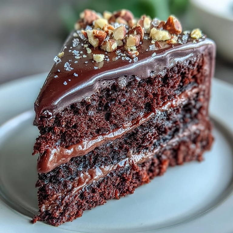 A whole Chocolate Celebration Cake gleams with dark ganache, topped with jagged hazelnut praline shards.