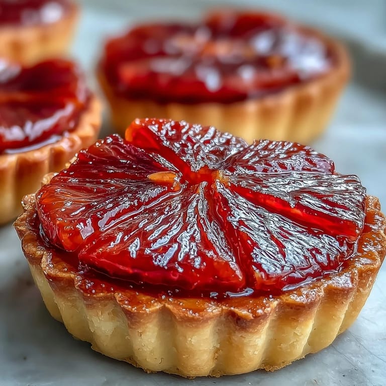 Perfectly sliced Blood Orange Tarts reveal silky custard layers and flaky golden crusts on a rustic wooden serving board. 