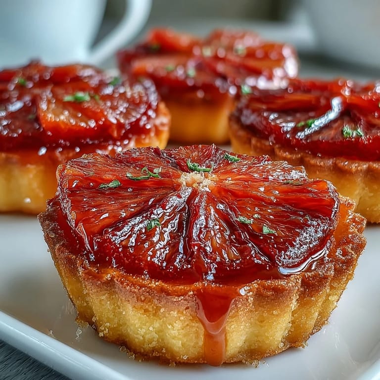 Dessert lovers admire six vibrant Blood Orange Tarts garnished with honey glaze, ready to serve with sparkling wine.