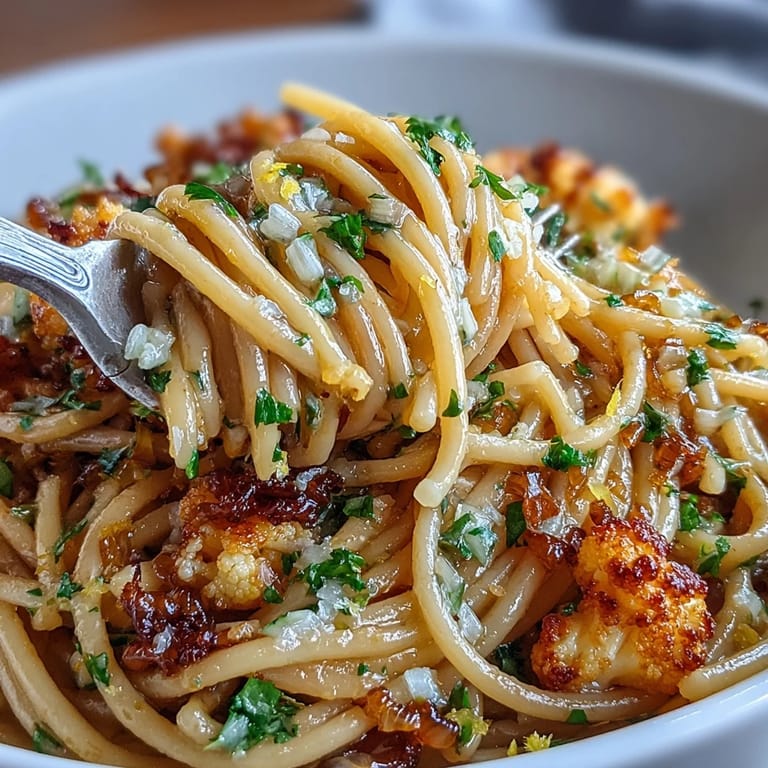 A close-up of a bowl of Cauliflower, Anchovy and Raisin Spaghetti, garnished with fresh parsley and lemon zest.