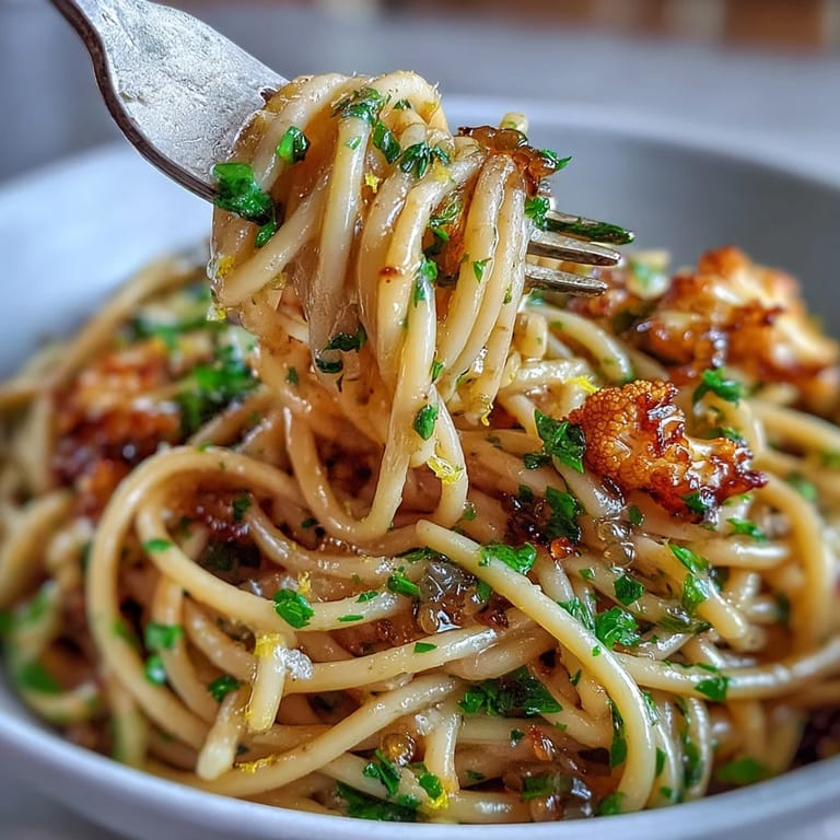 Hearty whole wheat spaghetti is mixed with tender roasted cauliflower and anchovy sauce, served as a warm main dish.