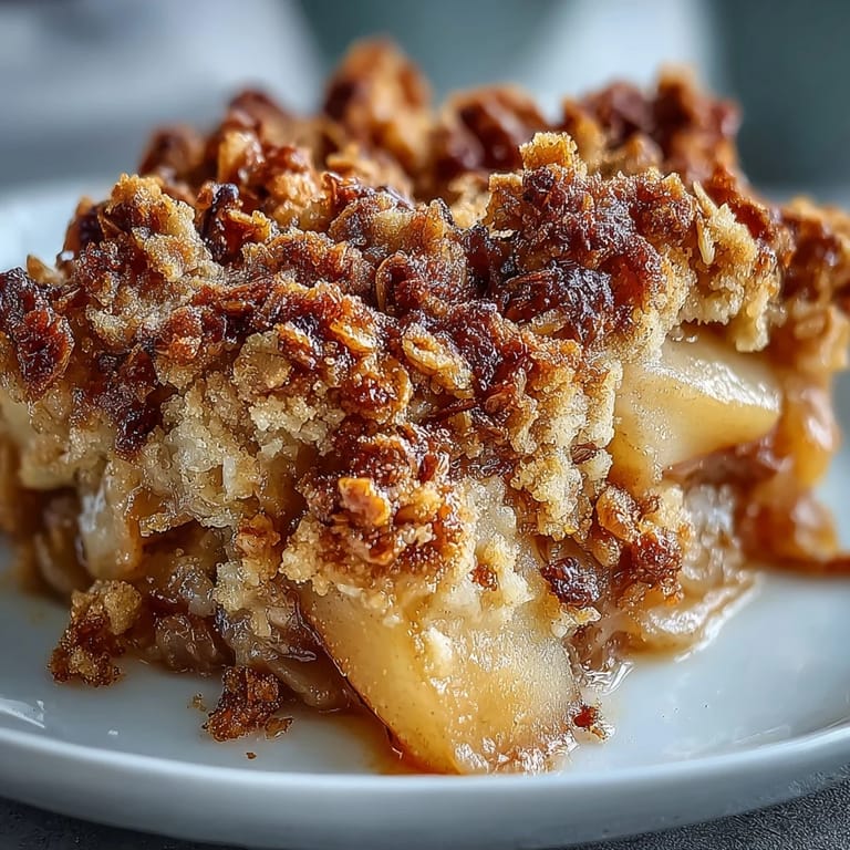 Sliced ripe pears and cinnamon spice baked under a thick, crunchy golden crumble in a 9-inch dish.